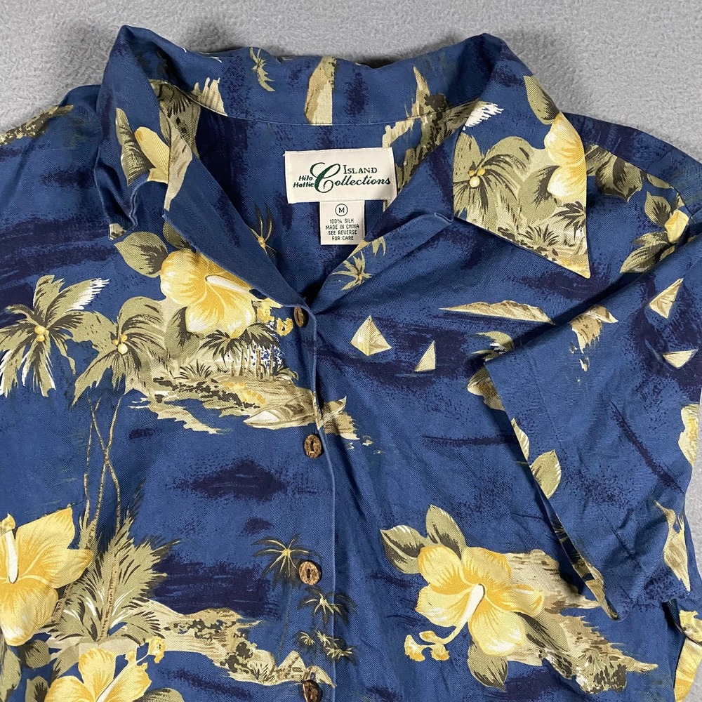 Hilo Hattie Island Collections Shirt Womens Medium Blue Silk Tropical Hibiscus